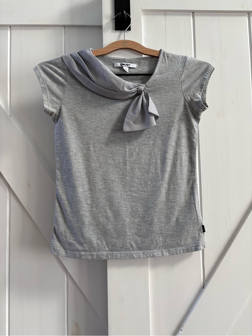 DKNY Vintage Gray Bow Neck Soft Jersey Blouse Short Sleeve Top